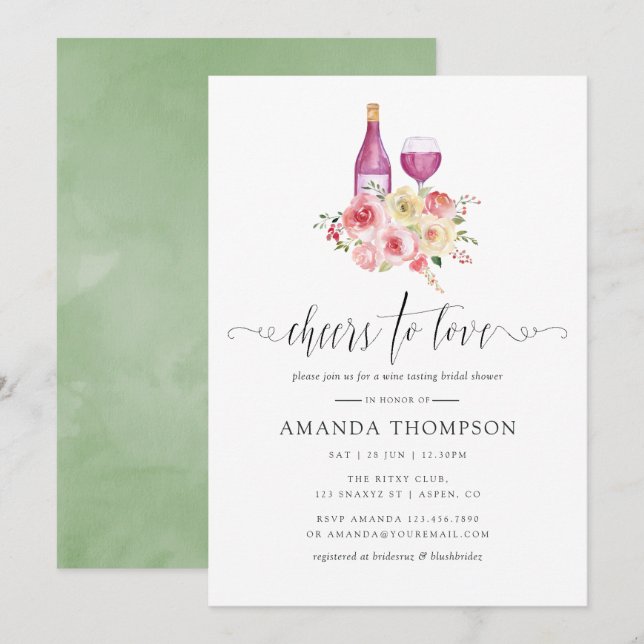 Blush & Sage Floral Bridal Shower Wine Tasting Invitation (Front/Back)