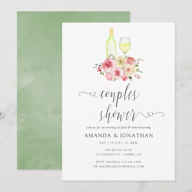Blush & Sage Floral Couples Shower Wine Tasting Invitation (Front/Back)