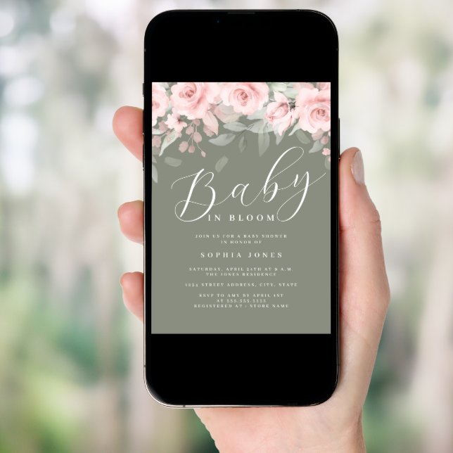 Blush Sage Floral Girl Baby In Bloom Baby Shower   Invitation (Front Digital)