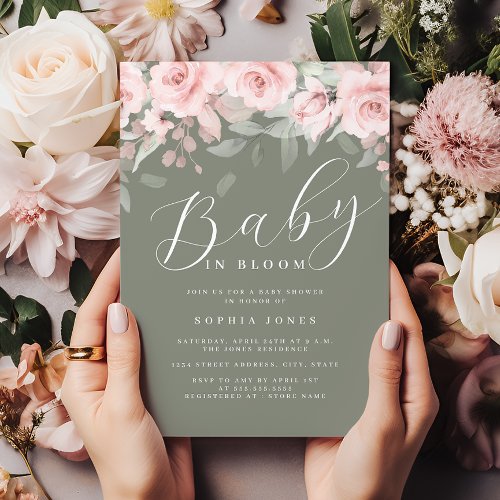 Blush Sage Floral Girl Baby In Bloom Baby Shower   Invitation