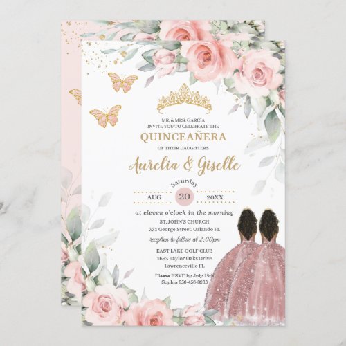 Blush Sage Floral Twins Brown Princess Quinceaera Invitation