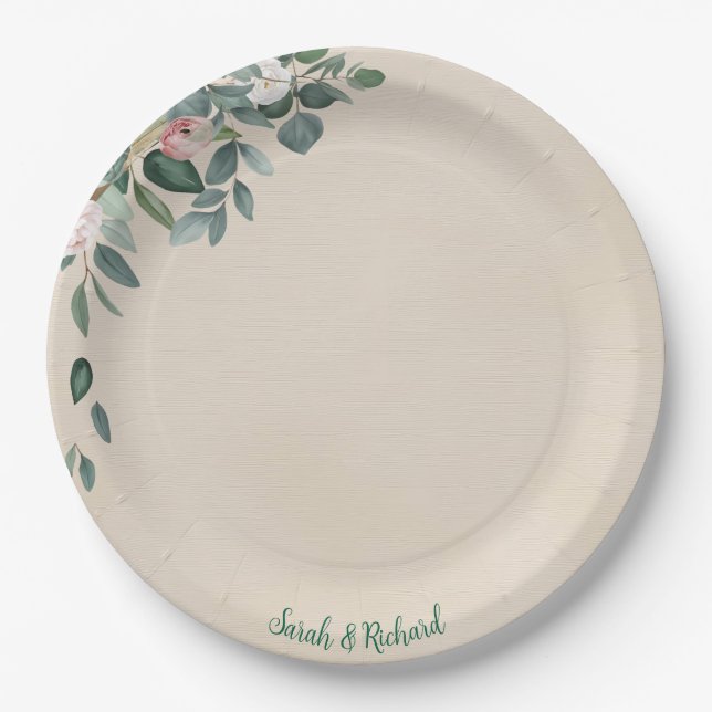 Blush Sage Floral Wedding  Paper Plates (Front)