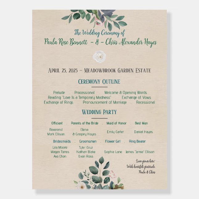 Blush Sage Floral Wedding Program Foam Board (Front)