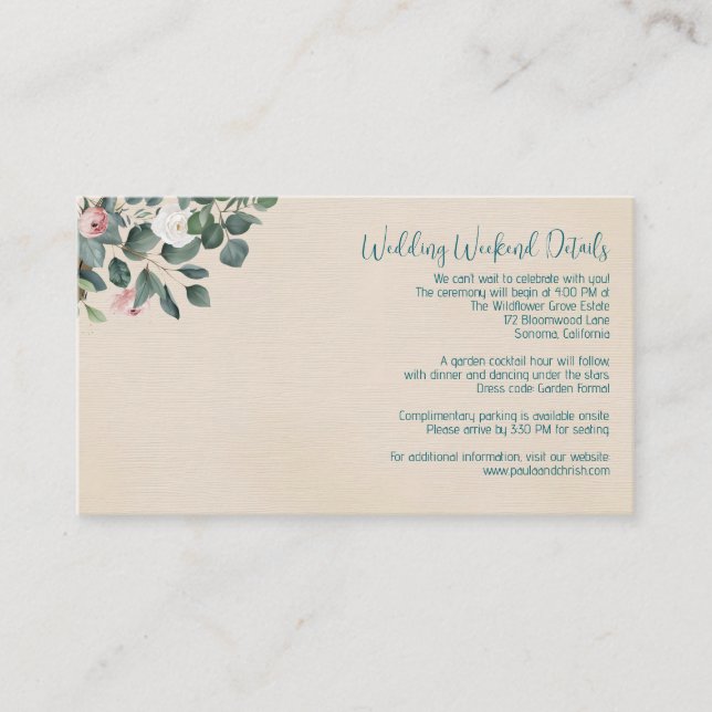 Blush & Sage Floral Wedding Weekend Details Enclosure Card (Front)