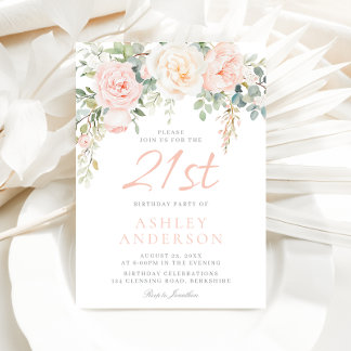 Blush & Sage Flowers Girls 21st Birthday Party Invitation