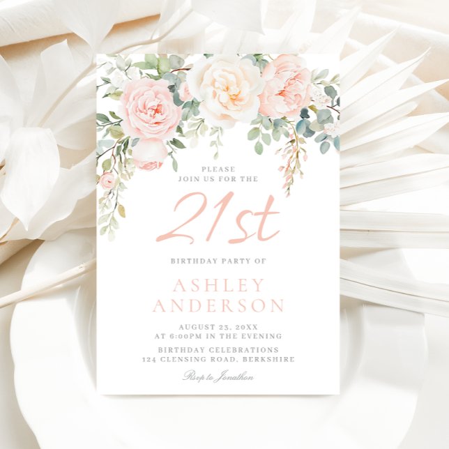 Blush & Sage Flowers Girls 21st Birthday Party Invitation (Creator Uploaded)