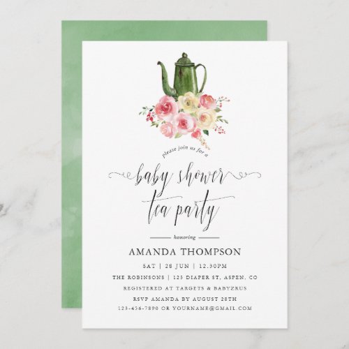 Blush  Sage Green Floral Baby Shower Tea Party Invitation