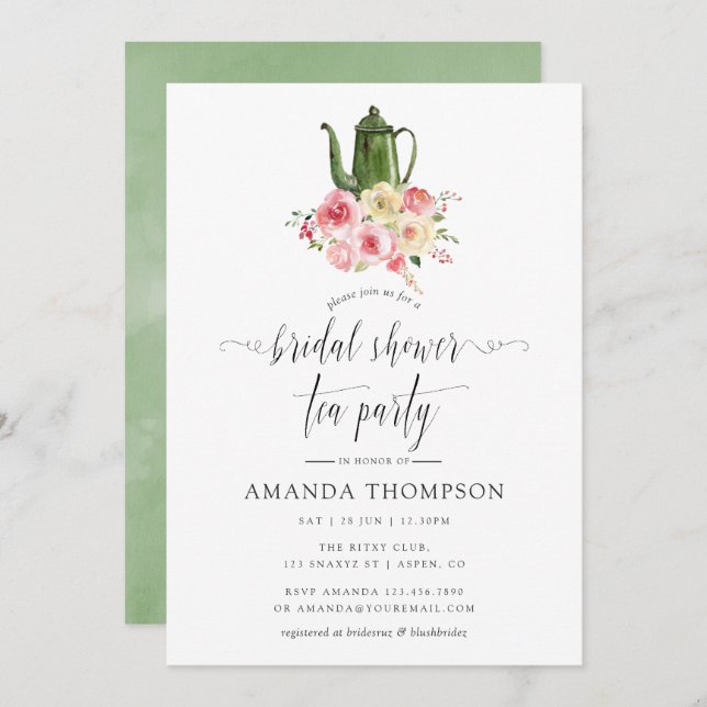 Blush & Sage Green Floral Bridal Shower Tea Party Invitation (Front/Back)