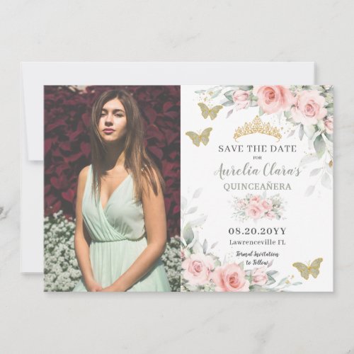 Blush Sage Green Floral Butterflies Quinceaera Save The Date