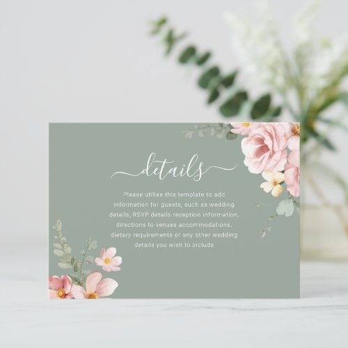 Blush Sage Green Floral Wedding Reception Details Enclosure Card