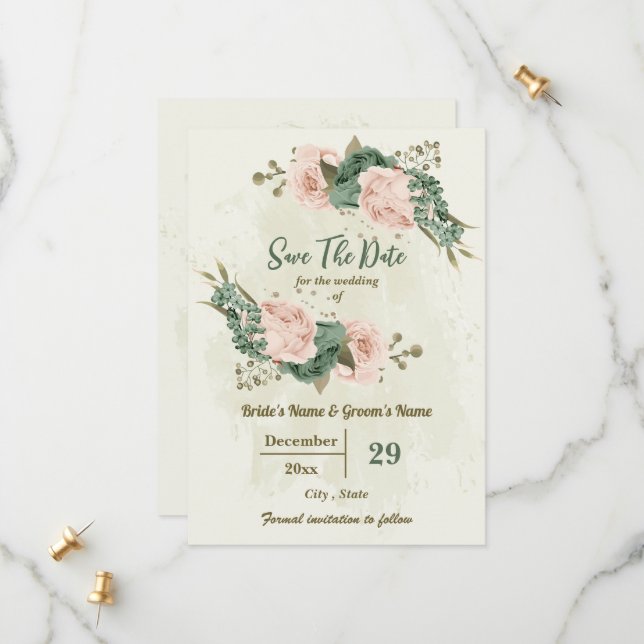 Blush & sage green flowers botanical wedding save the date (Front/Back In Situ)