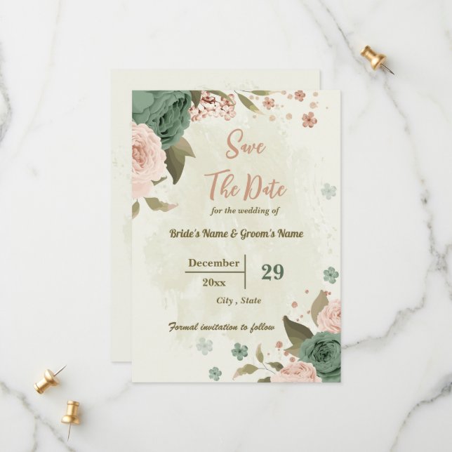 Blush & sage green flowers botanical wedding save the date (Front/Back In Situ)