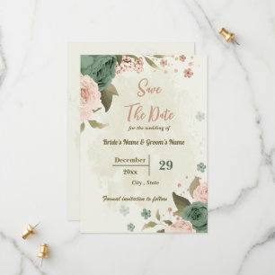 Blush & sage green flowers botanical wedding save the date
