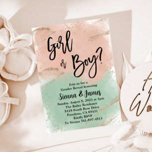 Blush & Sage Green Gender Reveal, Watercolor, Gold Invitation