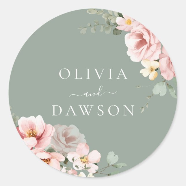 Blush & Sage Green Modern Wedding Classic Round Sticker (Front)