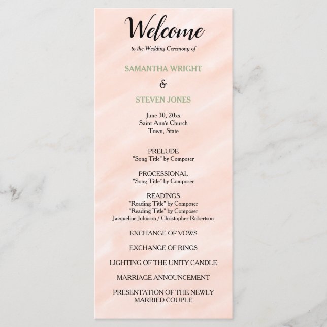 Blush Sage Green Watercolor Wedding Program (Front)