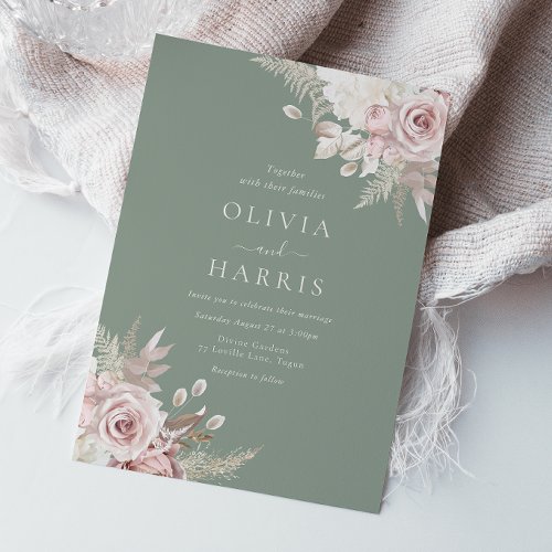 Blush Sage  Ivory Elegant Floral Wedding Invitation