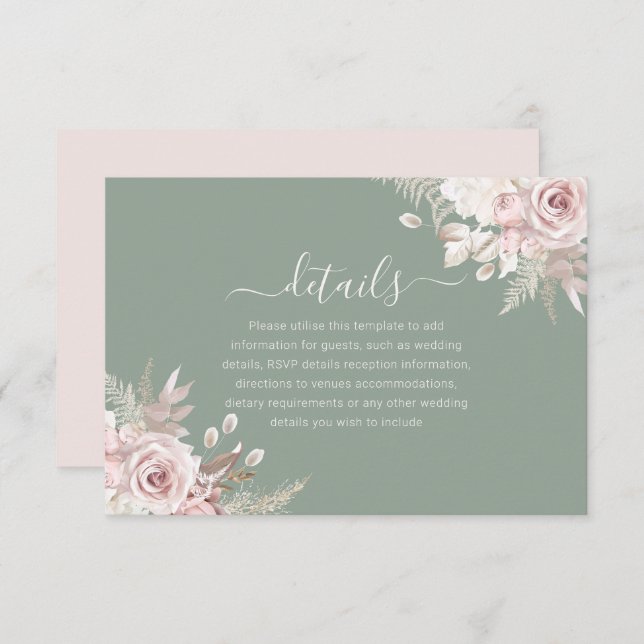  Blush, Sage & Ivory Floral Wedding Details Enclosure Card (Front/Back)