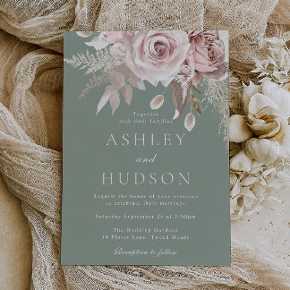 Blush & Sage Roses Boho Wedding Invitation