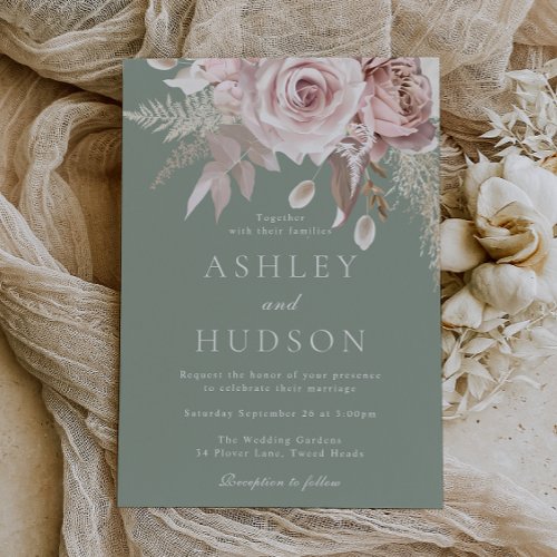 Blush & Sage Roses Boho Wedding Invitation