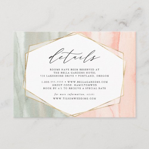 Blush  Sage Watercolor Geometric Wedding Details Enclosure Card