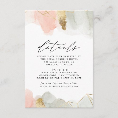 Blush  Sage Watercolor Geometric Wedding Details Enclosure Card