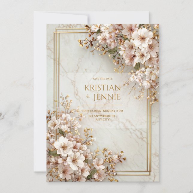 Blush Sakura Marble Gilded Frame Wedding Invitation (Front)