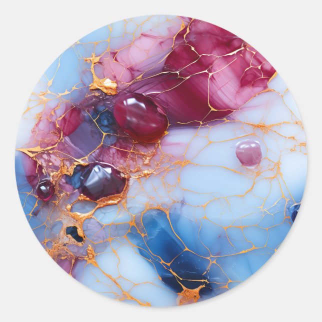 Blush & Sapphire Marble with Gold Veins Classic Round Sticker (Front)