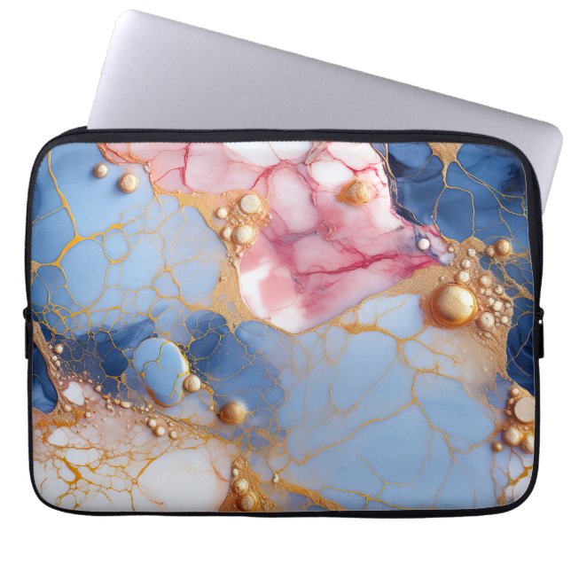 Blush & Sapphire Marble with Golden Pearls Laptop Sleeve (Front)