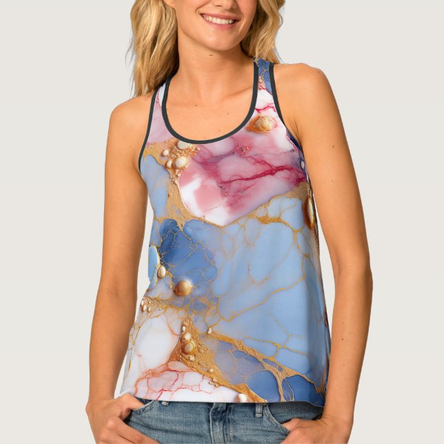 Blush & Sapphire Marble with Golden Pearls Tank Top (Front)