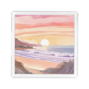 Blush Sea Sunset Beach Watercolor Painting Acrylic Tray