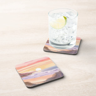 Blush Sea Sunset   Beach Watercolor Painting Beverage Coaster