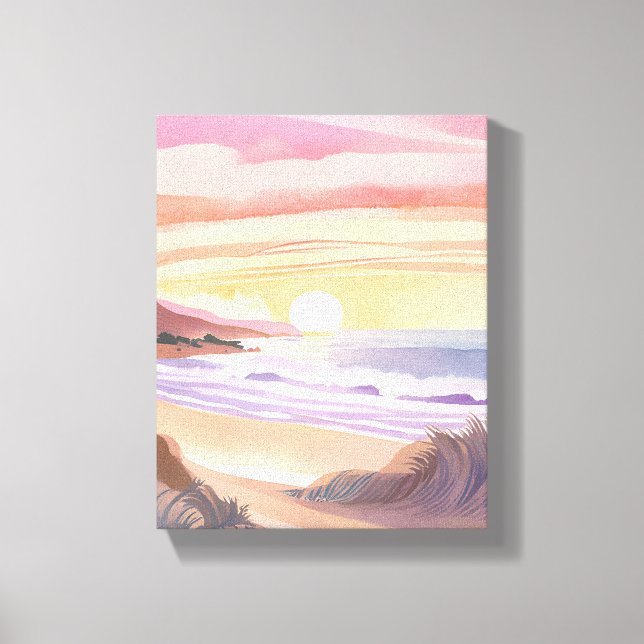 Blush Sea Sunset | Beach Watercolor Painting Canvas Print (Front)