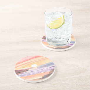 Blush Sea Sunset   Beach Watercolor Painting Coaster