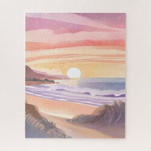 Blush Sea Sunset   Beach Watercolor Painting Jigsaw Puzzle