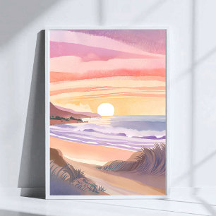 Blush Sea Sunset Beach Watercolor Painting Poster