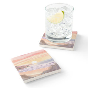 Blush Sea Sunset | Beach Watercolor Painting Stone Coaster