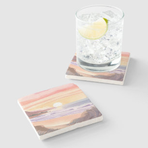 Blush Sea Sunset   Beach Watercolor Painting Stone Coaster