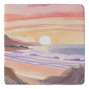 Blush Sea Sunset   Beach Watercolor Painting Trivet