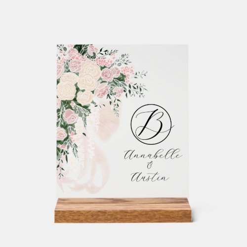 Blush Sheer Bow Rose Bouquet-Monogrammed Acrylic Sign