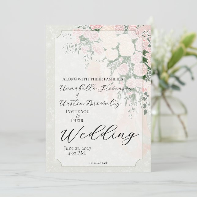 Blush Sheer Bow Rose Wisteria Cascading Bouquet Invitation (Standing Front)