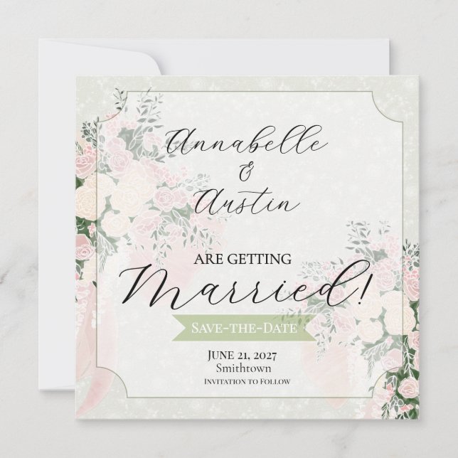 Blush Sheer Bow Rose Wisteria Cascading Bouquet Save The Date (Front)