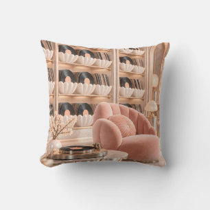 Blush Shell Chair Vintage Record Library Throw Pillow