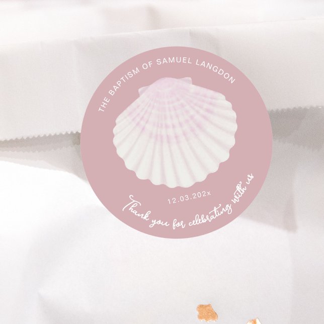 Blush shell Christening baptism Thank you Classic Round Sticker (Creator Uploaded)