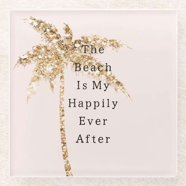 Blush Shell Glam Gold Glitter Palm Tree Glass Coaster (Front)