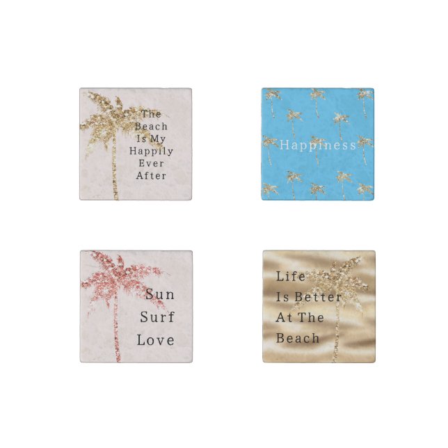 Blush Shell Glam Gold Glitter Palm Tree Stone Magnet (Front)