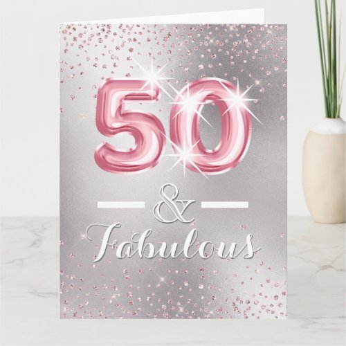 Blush silver 50th glitter shimmer foil letters  card