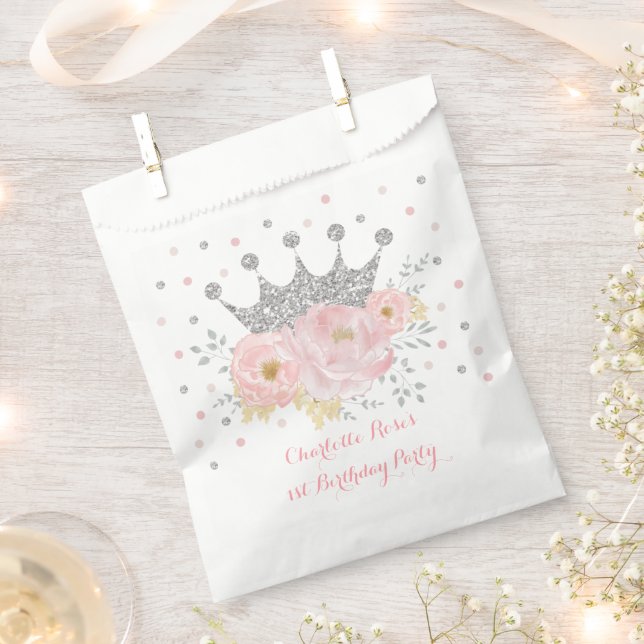 Blush Silver Crown Princess Baby Shower Birthday Favor Bag (Clipped)