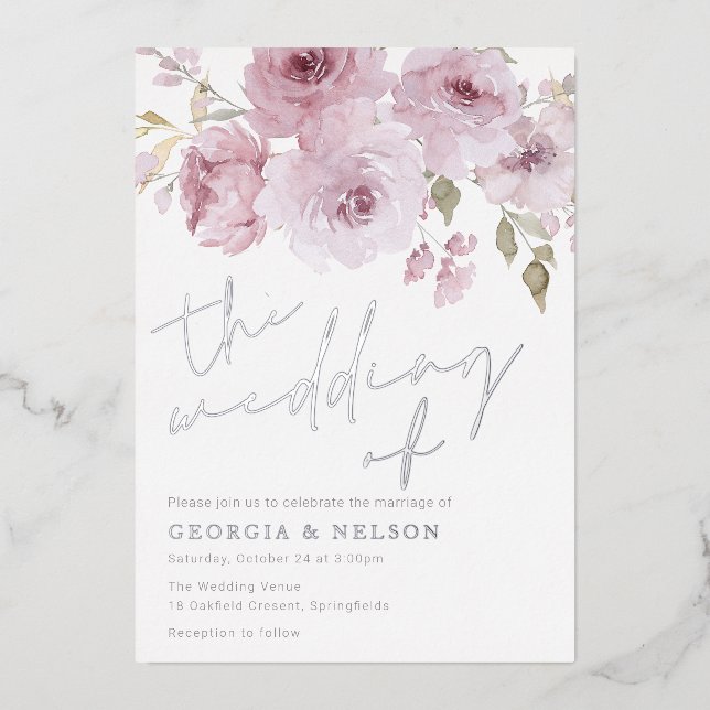 Blush & Silver Dusty Rose Wedding Foil Invitation (Front)