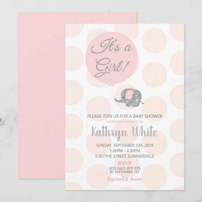 Blush Silver Elephant Baby Shower Invitation Girl (Front/Back)